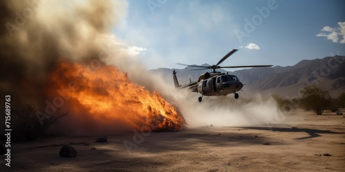 Helicopter extinguishes fire. Firefighter helicopter fighting against a forest fire during day. A helicopter flies in the sky. Generative AI. View of a flying helicopter.