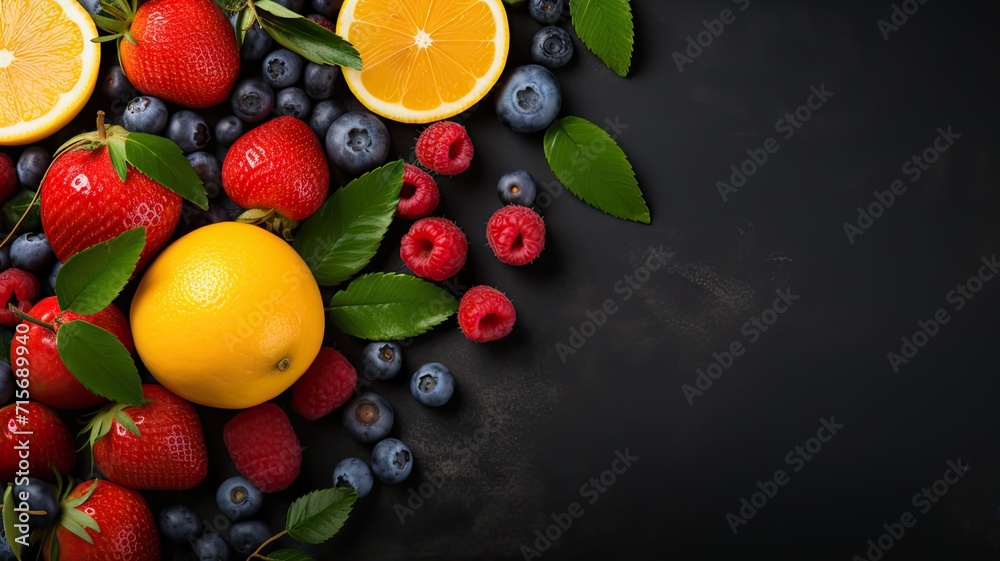 Assorted Fresh Citrus and Berries on Dark Backdrop Assorted Fresh Citrus and Berries on Dark Backdrop