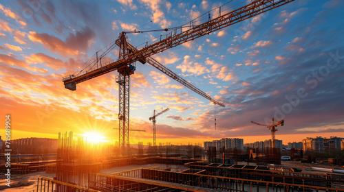 Sunset at construction site, building with steel beams.