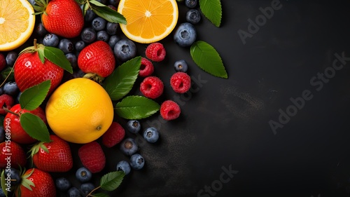 Assorted Fresh Citrus and Berries on Dark Backdrop