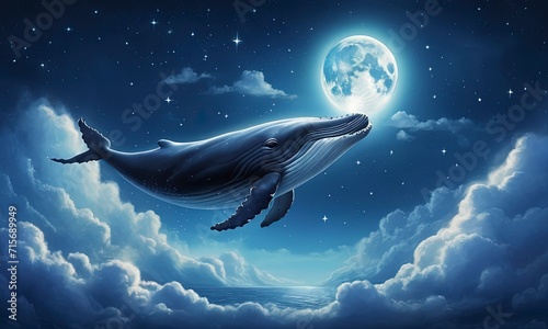 surreal whale flying over the clouds, the night sky with moon, starry sky. Good for postcards, story book, poster, book cover, nursery and canvas. Generative AI