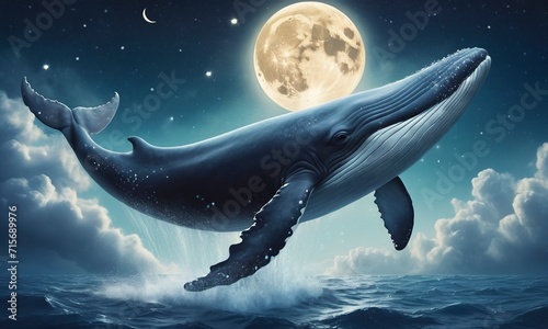 surrealistic whale flying over the clouds, the night sky with moon, starry sky. Good for postcards, story book, poster, book cover, nursery and canvas. Generative AI