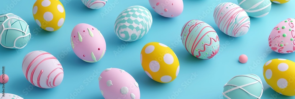 Obraz premium Easter eggs flat lay in blue background decorated yellow pastel peach and pink colors