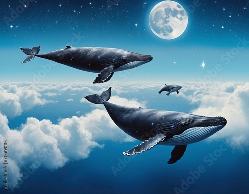 surrealistic whales flying over the water, the night sky with moon and starry sky. Good for postcards, poster, book cover, nursery and canvas. Generative AI