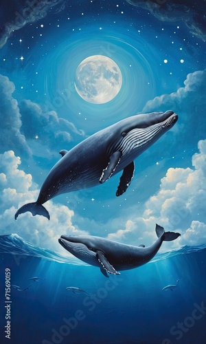 surreal two whale against the night sky with moon and starry sky. Good for postcards, poster, book cover, nursery and canvas. Generative AI 