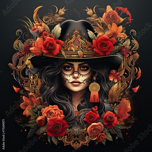 Woman Floral Illustration in Mexican tradition design