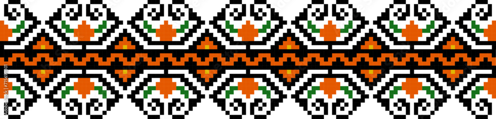 Set of editable colorful seamless ethnic Ukrainian traditional cross stitch patterns for embroidery stitch. Floral and geometric ornaments. Vector illustration