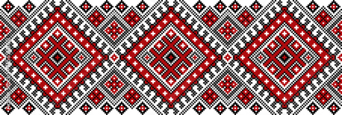 Set of editable colorful seamless ethnic Ukrainian traditional cross stitch patterns for embroidery stitch. Floral and geometric ornaments. Vector illustration