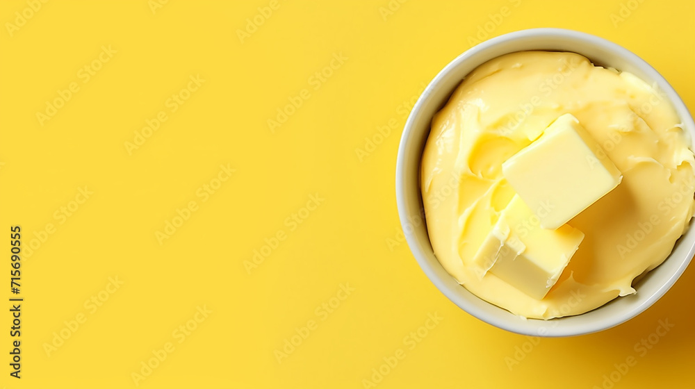 Bowl with melted butter or cheese on yellow background, top view. Dairy products