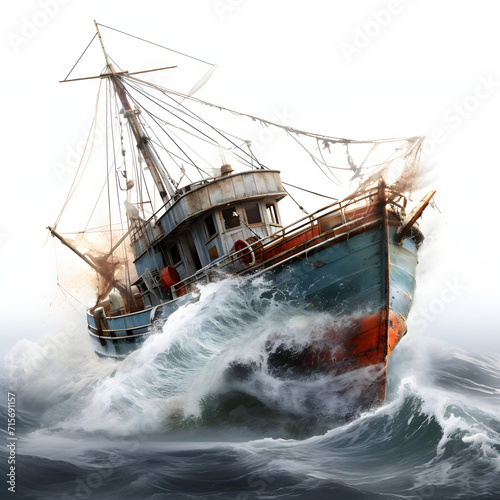 Commercial fisherman in rough seas isolated on white background, detailed, png 