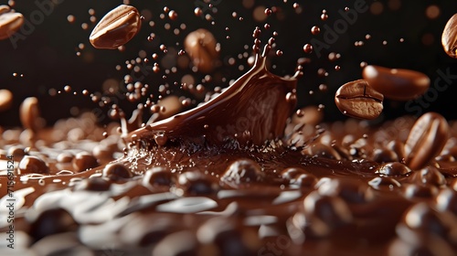 coffee beans  a chocolate splash with coffee beans and chocolate beans falling into it on a dark background with a black background
