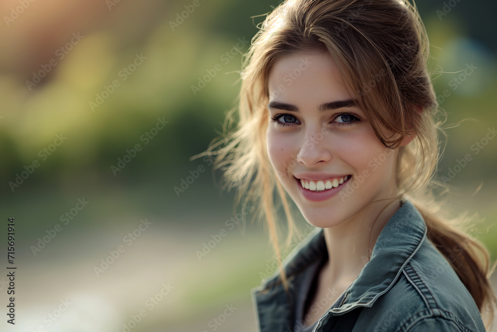 Smiling Young Woman in Casual Clothing Outdoors