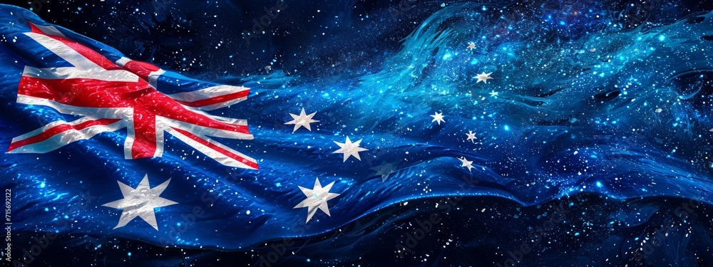 An artistic portrayal of the Australian flag with a cosmic background, representing the country's exploration and connection to the universe. - obrazy, fototapety, plakaty 