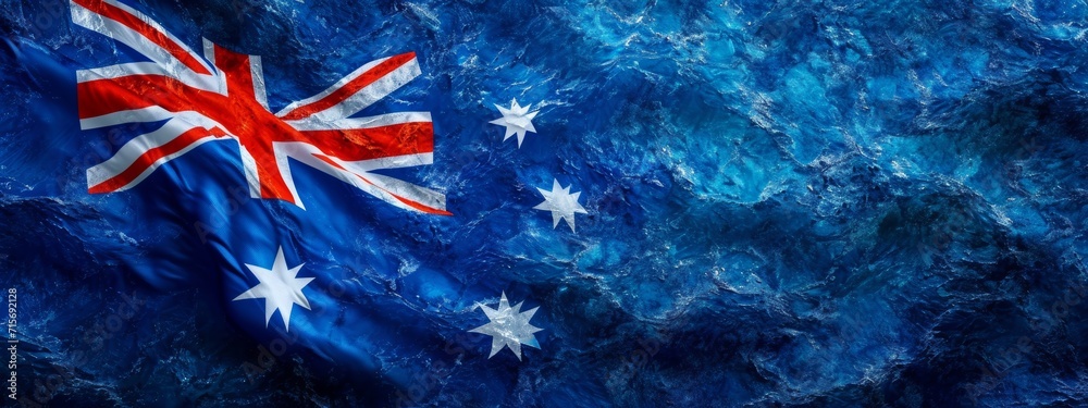 The Australian flag depicted with a vibrant, textured look, giving a sense of movement like ocean waves under the Southern Cross. - obrazy, fototapety, plakaty 