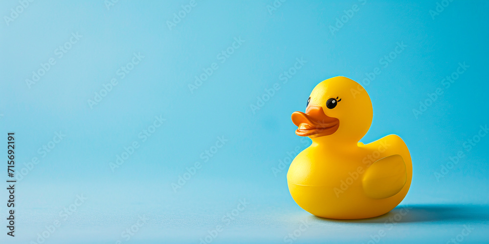 yellow toy duck on a blue background, copyspace yellow toy duck on a blue background, copyspace