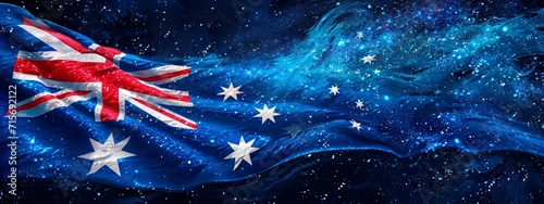 An artistic portrayal of the Australian flag with a cosmic background, representing the country's exploration and connection to the universe. photo