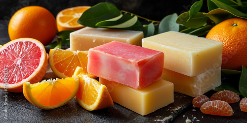 Variety of natural handmade soaps with grapefruit and tangerines