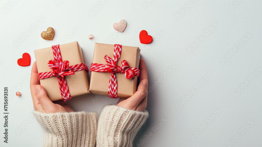 Cadeaux de Saint-Valentin tenus dans des mains féminines sur fond décoré de cœurs - obrazy, fototapety, plakaty 