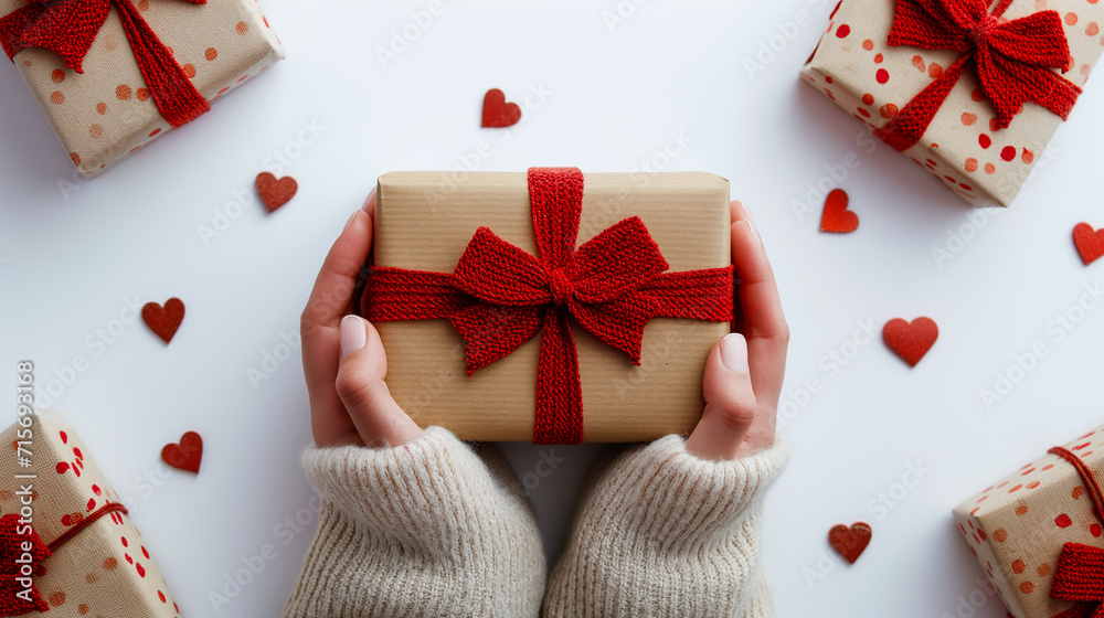 Cadeaux de Saint-Valentin tenus dans des mains féminines sur fond décoré de cœurs Cadeaux de Saint-Valentin tenus dans des mains féminines sur fond décoré de cœurs