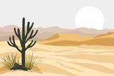 Desert landscape. Vector illustration of a hot sandy desert with cactus and grass. Beautiful dunes against the backdrop of the bright scorching sun. Drought. Flat design.