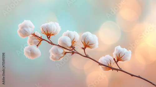 Autumn Floral background composition. Dried white fluffy cotton flower branch on soft pastel colored background with copy space. 