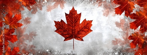 The central maple leaf of the Canadian flag is emphasized in a composition surrounded by soft-focus red leaves, conveying a sense of pride and natural elegance.
