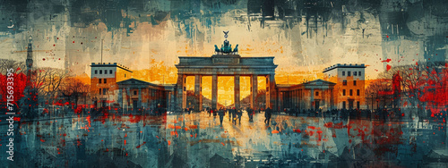 The iconic Brandenburg Gate is depicted in a watercolor painting, merging historical architecture with a modern artistic approach and reflecting on water. photo