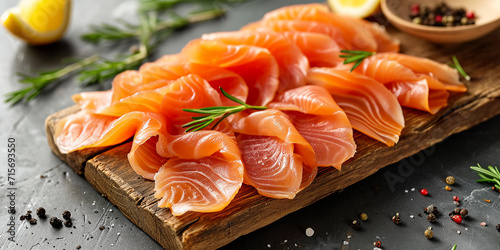 smoked salmon slices on a wooden board