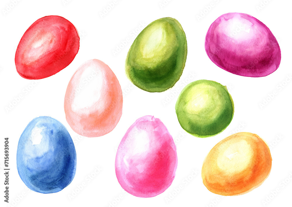 Fototapeta premium Colored Easter eggs in the green grass, spring flowers and yellow chicks. Hand drawn watercolor illustration isolated on white background copy