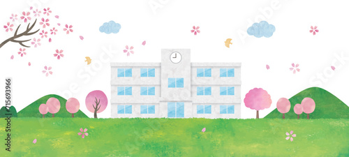 桜と草原と校舎水彩画