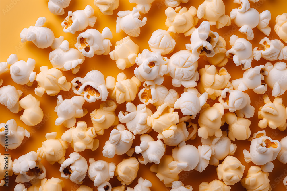Close up delicious salty popcorn on bright yellow background, snack for watching a movie. Top view, flat lay Close up delicious salty popcorn on bright yellow background, snack for watching a movie. Top view, flat lay