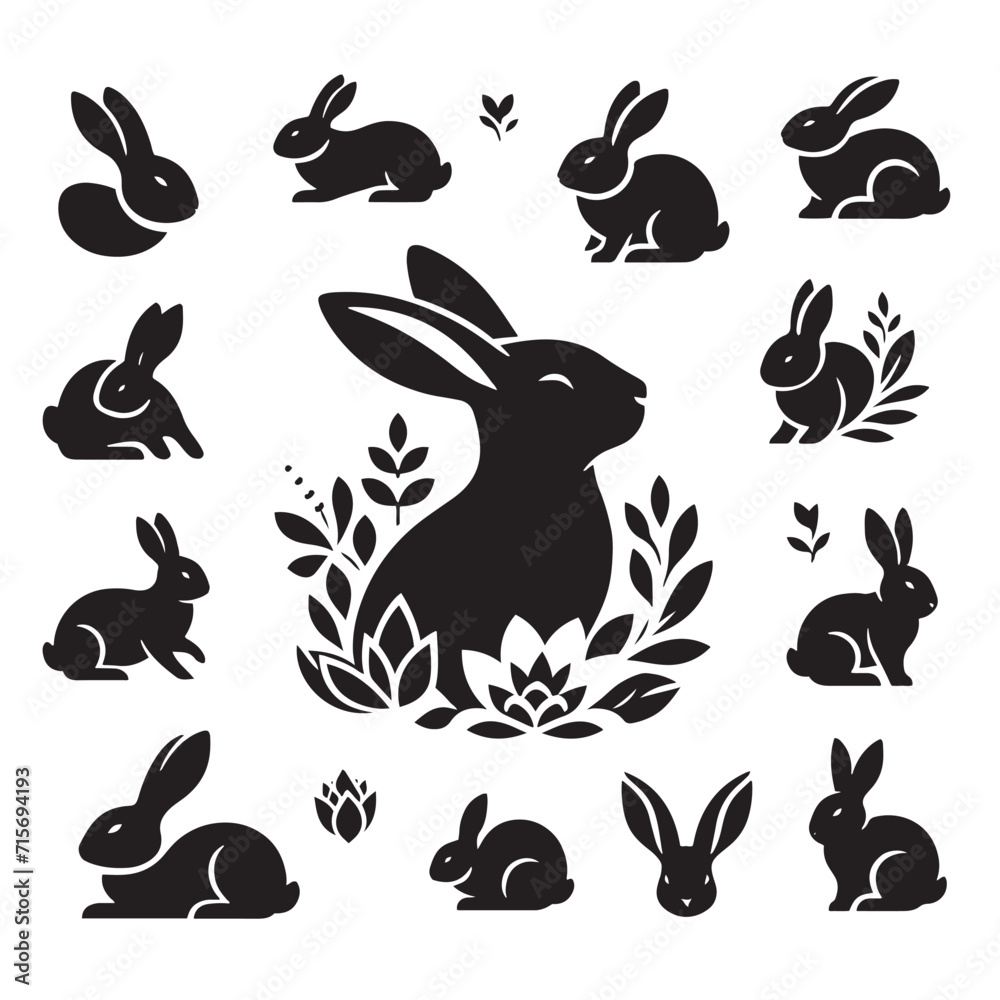 Whispers of Whimsy: Rabbit Silhouettes Whispering Tales of Whimsical Wonders in the Silhouetted Landscape - Rabbit Illustration - Bunny Vector

