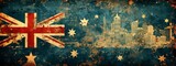 An artistic take on the Australian flag over a cityscape background, merging national pride with urban imagery in a vintage textured style.