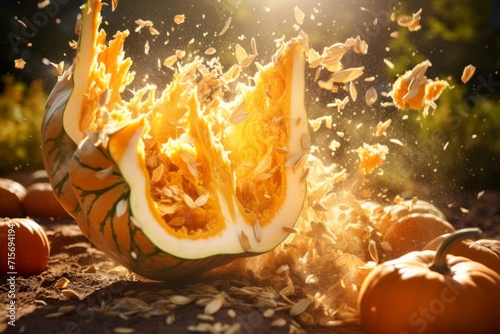 Atmospheric photo of pumpkin explosion, smashed pumpkin, pumpkin pieces and seeds scatter to the sides in sunlight. Concepts: pumpkin dishes, food styling, harvest, halloween photo