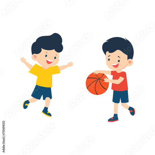 Children playing basketball happily on white background. Flat vector © Thanawat