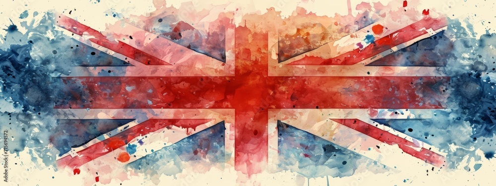  A watercolor rendition of the United Kingdom flag with splashes of color and a textured appearance, suitable for creative backgrounds or graphic elements. - obrazy, fototapety, plakaty 