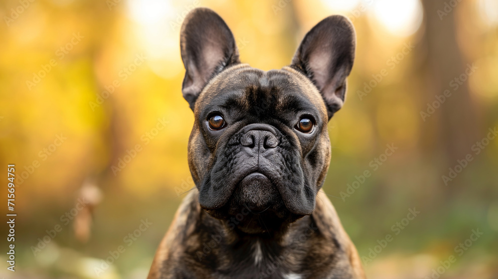 Portrait en gros plan d'un bouledogue français sur fond flou automnal Portrait en gros plan d'un bouledogue français sur fond flou automnal