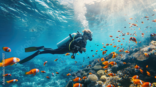 woman in a mask diving underwater, snorkeling, ocean, swimming, coral reef, sea, blue water, beauty, fish, dive, summer, sport, vacation, active photo