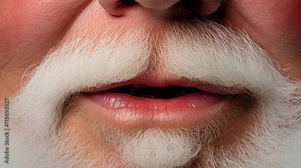 Obraz premium Macro shot of a person's mouth partly covered by a fluffy white Santa mustache, hinting at a festive disguise or costume.