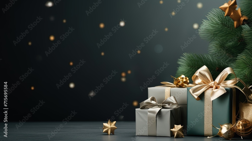 Sophisticated Christmas presents wrapped in silver and teal with shimmering golden bows, nestled against a pine branch, set against a dark background with glittering golden lights.