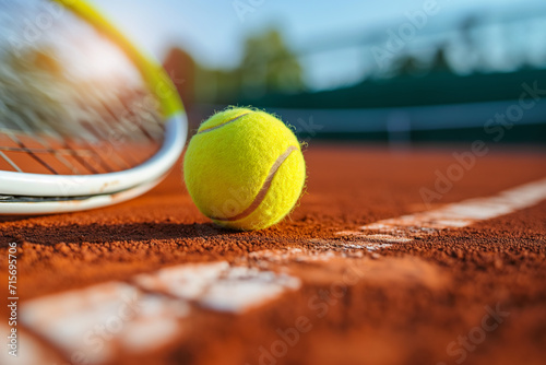 Balle de tennis et raquette sur terre battue en gros plan photo