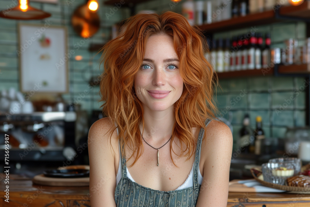 Cheerful Red-Haired Woman in a Coffee Shop Cheerful Red-Haired Woman in a Coffee Shop