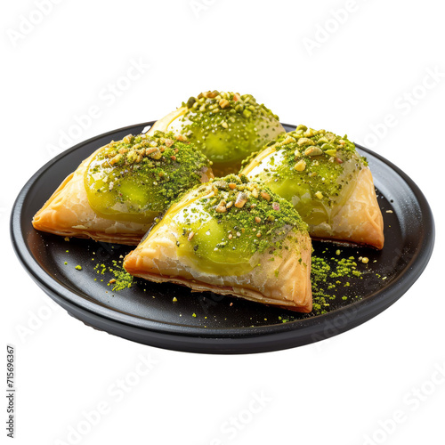 Arabic Dessert Atayef With Cream And Pistachio On Black Plate photo