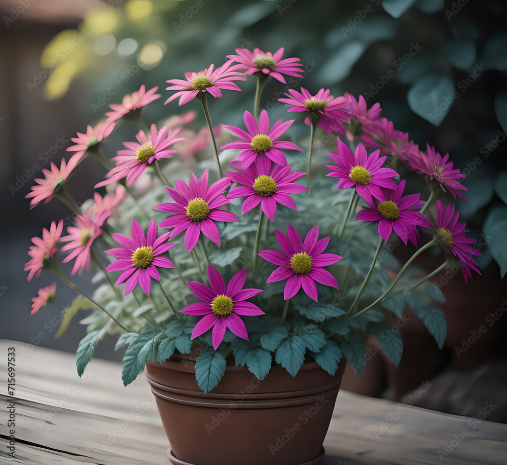 Bouquet of wildflowers (Anthemis tinctoria and Knautia arvensis) in a ceramic jug on the table. Saxifraga flowers. Artificial Flowers in White Flowerpots. generative Ai Bouquet of wildflowers (Anthemis tinctoria and Knautia arvensis) in a ceramic jug on the table. Saxifraga flowers. Artificial Flowers in White Flowerpots. generative Ai