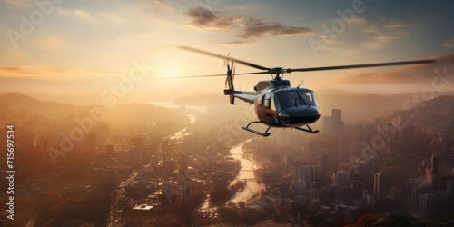 Helicopter flies over the city. A helicopter flies in the sky. Generative AI. View of a flying helicopter. City view from above