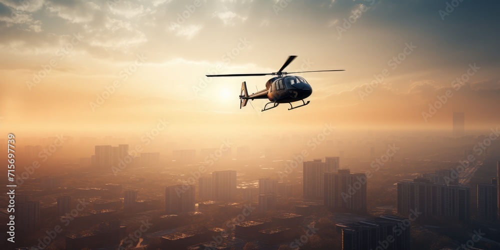 Helicopter flies over the city. A helicopter flies in the sky. Generative AI. View of a flying helicopter. City view from above