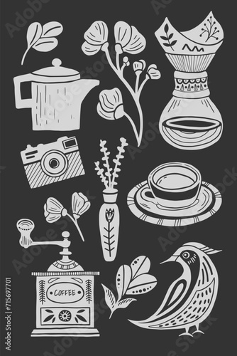 Coffee vector illustrations in linocut style. Retro style of elements, consist coffee grinder, pourover, cup, camera, bird and floral elements