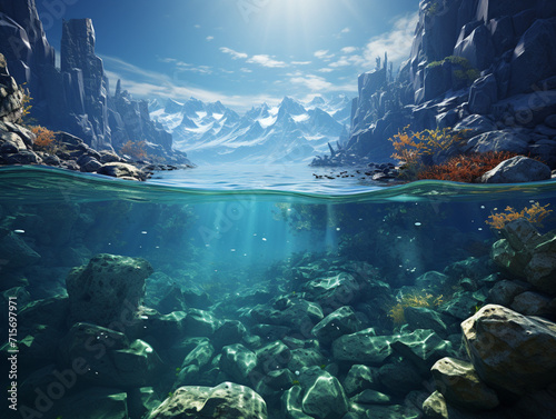 Arctic Landscape with Underwater Iceberg in the Ocean or Sea created with Generative Ai