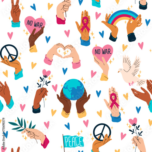 Seamless pattern with human hands. Peace and hippie symbols. Repeated print. Solidarity ribbon in arms. Peaceful dove. Fingers holding rainbow. Flower and plant branch. Vector background