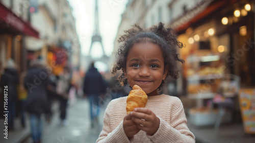 Fototapeta Naklejka Na Ścianę i Meble -  A little African American girl eating croissant in Paris, smiling child standing on a small street near Eifel Tower, with pastry in hands, authentic French food, cute kid eating in France, travelling 